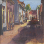 STAD IN DE MIDDAGZON 1 - olieverf op paneel - 44,5x44,5 cm - € 450,--