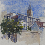 KERK IN BOUZIGUES - aquarel - 15x15 cm - € 50,--