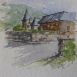 KASTEELTJE bij  CHOOZ - aquarel - 15x15 cm - € 50,--