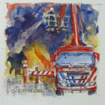 BRAND IN OLDEBROEK - aquarel - 12x12cm - verkocht